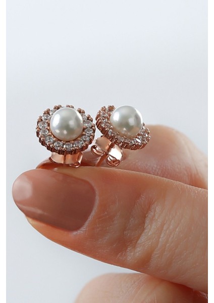 925 Ayar Gümüş Incili Küpe ( Rose Gold )