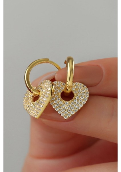 925 Ayar Gümüş Kalp Detaylı Taşlı Küpe (Gold) fiyatları