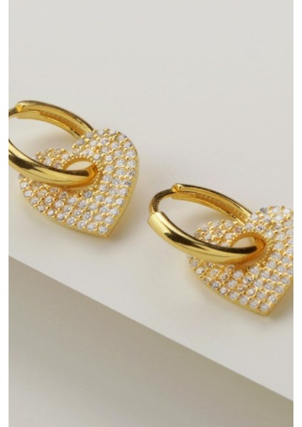 925 Ayar Gümüş Kalp Detaylı Taşlı Küpe (Gold) modelleri