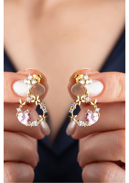 925 Ayar Gümüş Gold Pembe Çiçekli Küpe