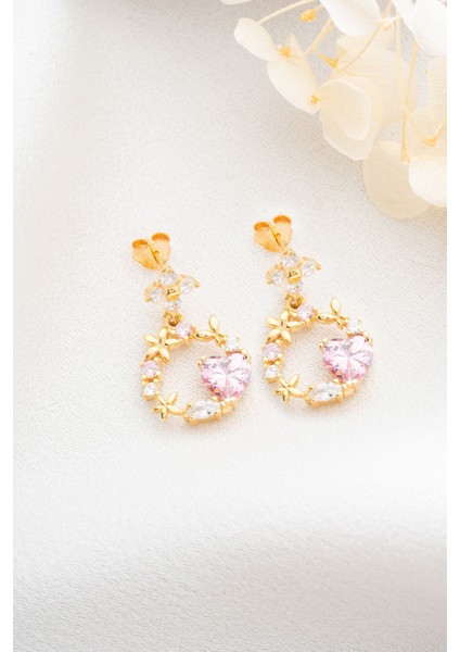925 Ayar Gümüş Gold Pembe Çiçekli Küpe fiyatları