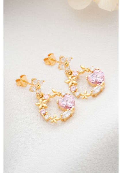 925 Ayar Gümüş Gold Pembe Çiçekli Küpe fırsatları