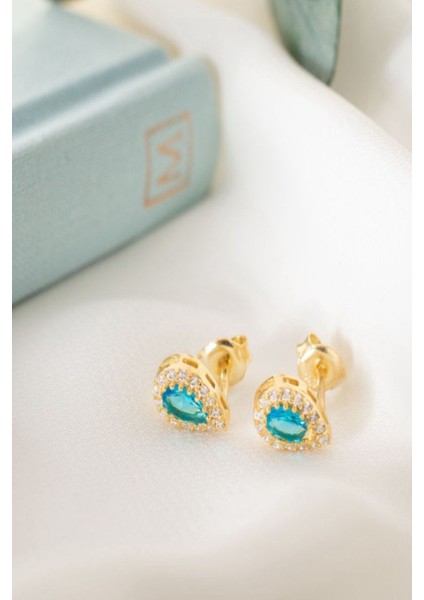 925 Ayar Gold Zirkon Taşlı Yuvarlak Aralık Ayı Blue Topaz Gümüş Küpe
