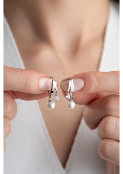 925 Ayar Gümüş Çift Taşlı Inci Küpe