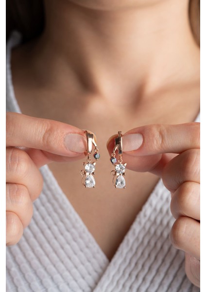 925 Ayar Gümüş Çift Mistik Topaz Kedi Küpe