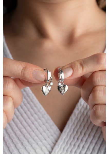 925 Ayar Gümüş Çift Taşlı Kalp Küpe