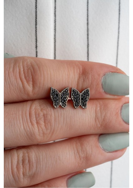 925 Ayar Gümüş Siyah Zirkon Taşlı Kelebek Küpe