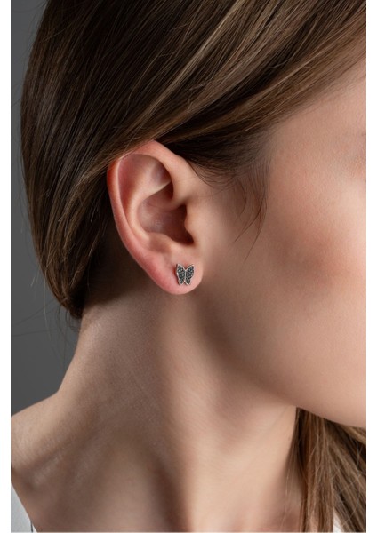 925 Ayar Gümüş Siyah Zirkon Taşlı Kelebek Küpe fiyatları