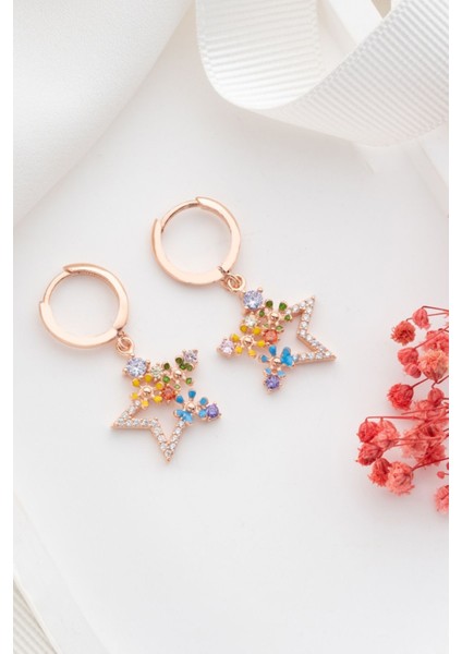 925 Ayar Gümüş Rose Mix Taşlı Yıldız Küpe
