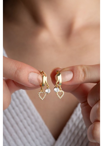 925 Ayar Gümüş Çift Kalp Taşlı Küpe