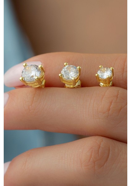 925 Ayar Gold 3'lü Tektaş Gümüş Küpe