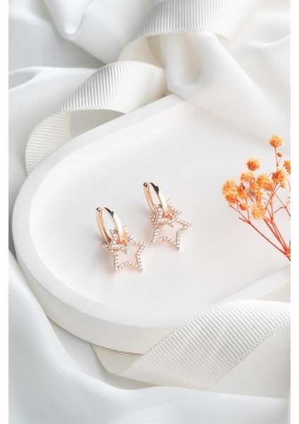 925 Ayar Rose Çift Yıldız Gümüş Küpe modelleri