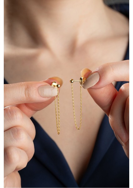 925 Ayar Gümüş Zincirli Top Küpe