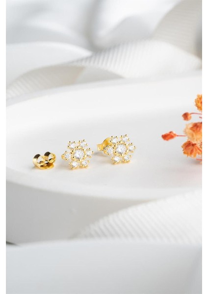 925 Ayar Gold Çiçek Gümüş Küpe modelleri