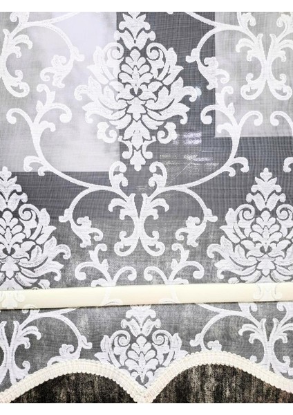 Simli Damask Desenli Çift Mekanizmalı Tül Stor Perde Ekru MT1018S