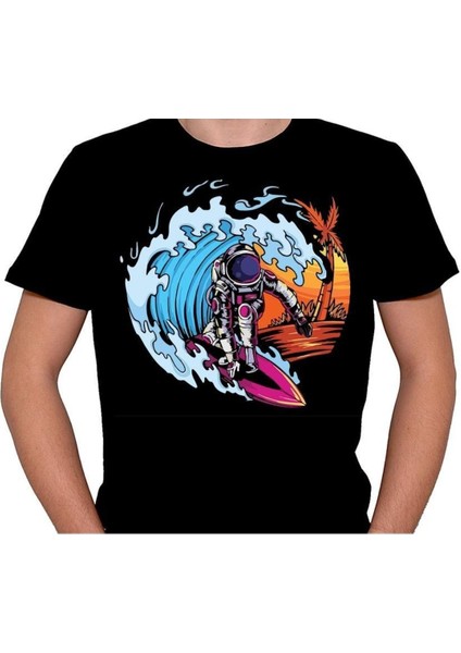 Summer Astronaut Surfing In Space Beach Waves Tişört T-Shirt