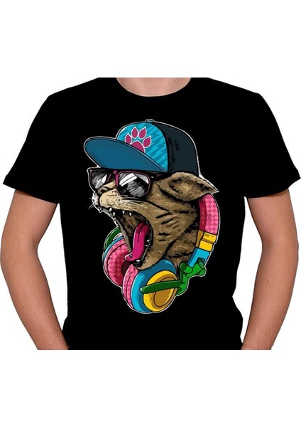 Cat Hip-Hop Kulaklık Rap Tişört T-Shirt