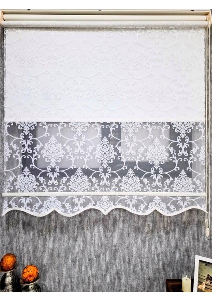 Simli Damask Desenli Çift Mekanizmalı Tül Stor Perde Ekru MT1018S