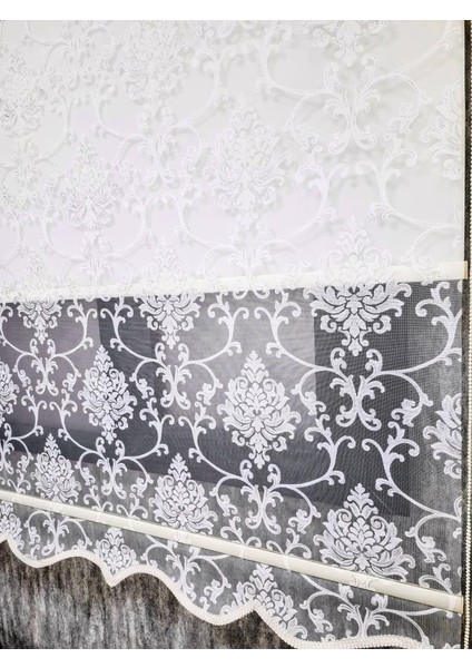 Simli Damask Desenli Çift Mekanizmalı Tül Stor Perde Ekru MT1018S