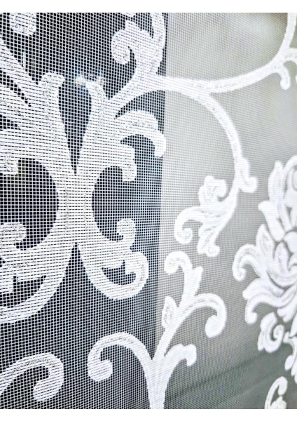 Simli Damask Desenli Çift Mekanizmalı Tül Stor Perde Ekru MT1018S