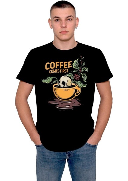 Coffe Comes First Skull Kuru Kafa Tişört T-Shirt