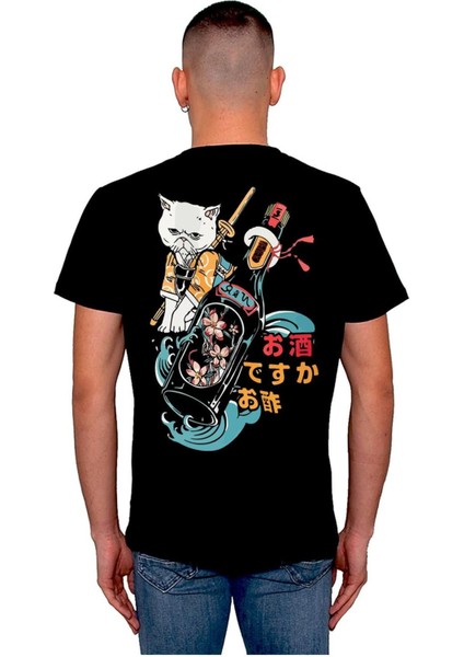 Chibi Cat Bottle Japanese Flower Tişört T-Shirt