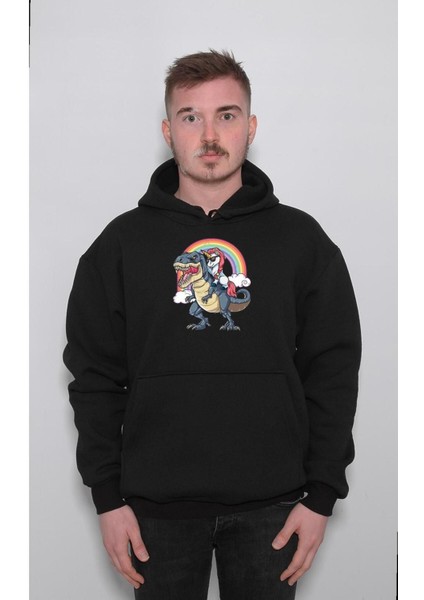 Dinazor Dinasour Unicorn Gökkuşağı Rainbow Sweatshirt Kapüşonlu Hoodie