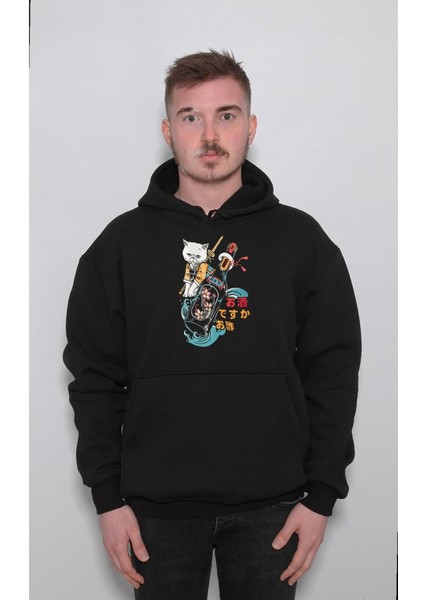 Chibi Cat Bottle Japanese Flower Sweatshirt Kapüşonlu Hoodie