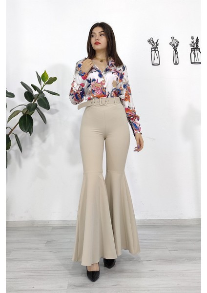 Y-3690 Y Kaplama Kemerli Ispanyol Paça Pantolon