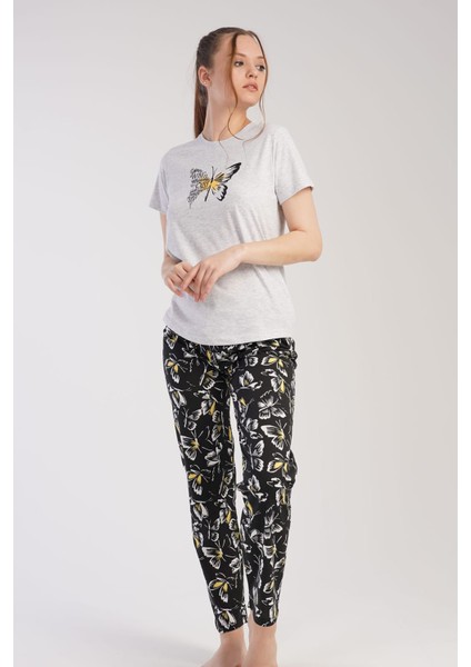 Kadın Gri Kısa Kollu Kelebek Desenli Bisiklet Yaka Oval Etek Süprem Pijama Takımı
