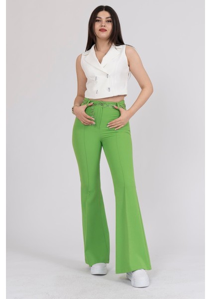 3876 Zincir Aksesuar Kemerli Ispanyol Paça Pantolon