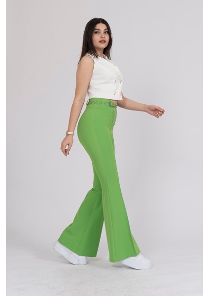 3876 Zincir Aksesuar Kemerli Ispanyol Paça Pantolon modelleri