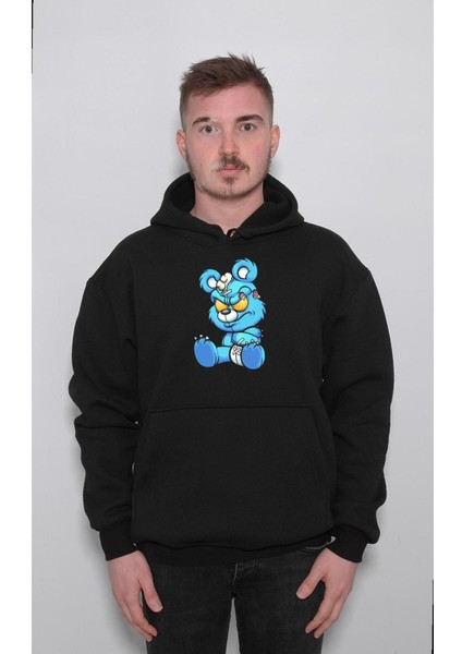 Angry Cartoon Blue Teddy Bear Sweatshirt Kapüşonlu Hoodie