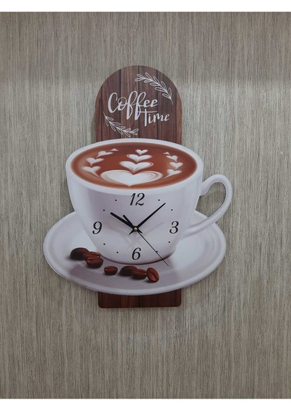 Ahşap Kahve Fincan Model Coffee Time Mutfak Duvar Saati 45X30 cm Uv Baskılı 40 x 40 Kahverengi Klas