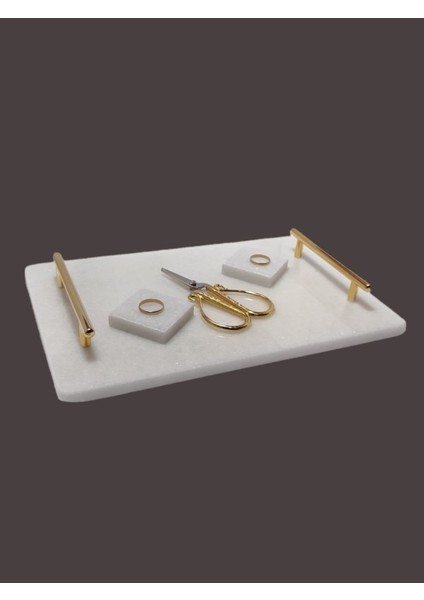 Doğal Mermer 20X30 Yüzük Standlı Söz Tepsisi Metal Gold Kulp ( Yüzük Standı ve makas dahil)
