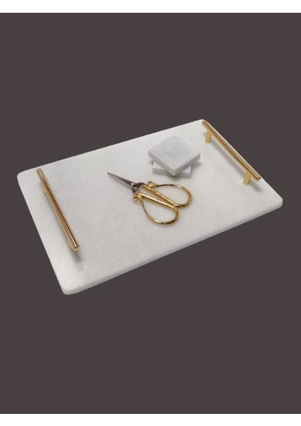 Doğal Mermer 20X30 Yüzük Standlı Söz Tepsisi Metal Gold Kulp ( Yüzük Standı ve makas dahil) fiyatları