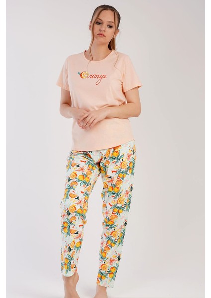 Kadın Somon Kısa Kollu Portakal Desenli Bisiklet Yaka Oval Etek Süprem Pijama Takımı