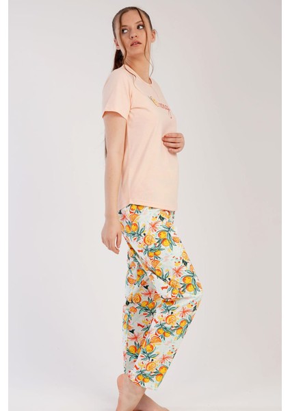 Kadın Somon Kısa Kollu Portakal Desenli Bisiklet Yaka Oval Etek Süprem Pijama Takımı