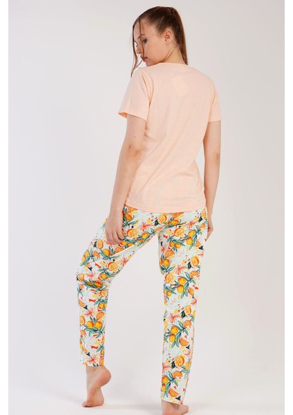 Kadın Somon Kısa Kollu Portakal Desenli Bisiklet Yaka Oval Etek Süprem Pijama Takımı
