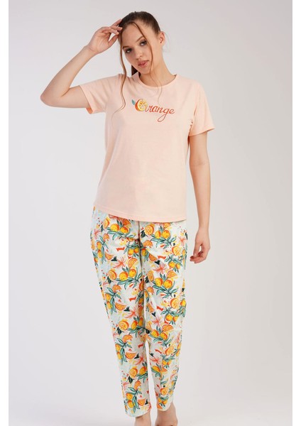 Kadın Somon Kısa Kollu Portakal Desenli Bisiklet Yaka Oval Etek Süprem Pijama Takımı