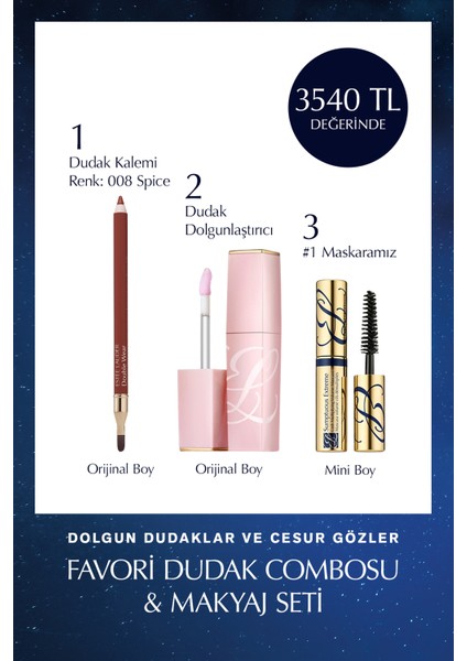 Estee Lauder Favori Dudak Combosu & Makyaj Seti -  Dudak Kalemi, Dudak Dolgunlaştırıcı ve Mini Boy Maskara