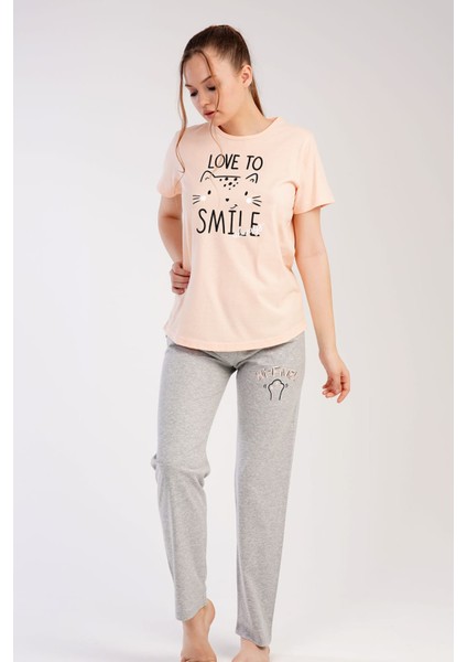Kadın Somon Kısa Desenli Bisiklet Yaka Oval Etek Süprem Pijama Takımı