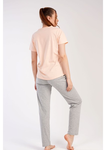 Kadın Somon Kısa Desenli Bisiklet Yaka Oval Etek Süprem Pijama Takımı