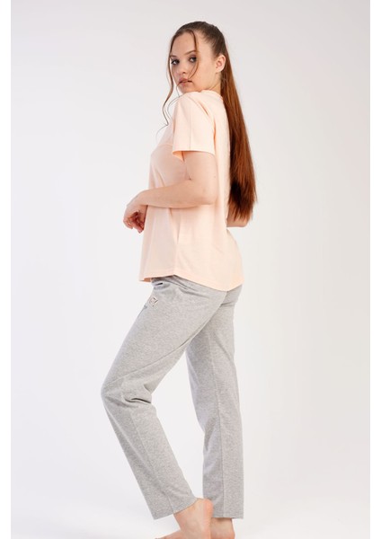 Kadın Somon Kısa Desenli Bisiklet Yaka Oval Etek Süprem Pijama Takımı