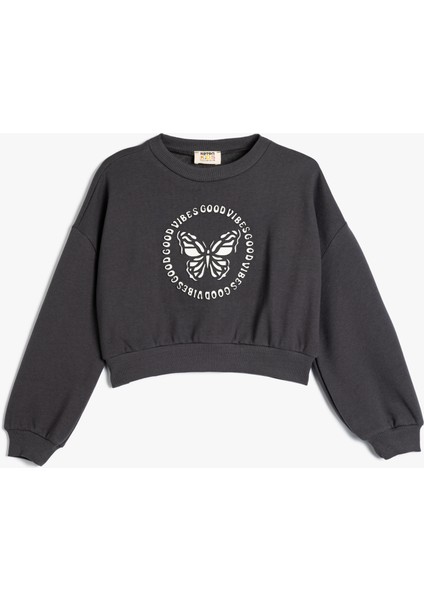 Oversize Sweatshirt Kelebek Baskılı Uzun Kollu Bisiklet Yaka Pamuklu