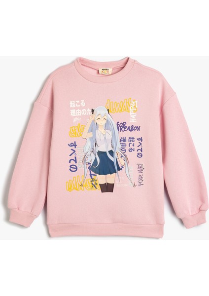 Anime Baskılı Sweatshirt Şardonlu Uzun Kollu Bisiklet Yaka