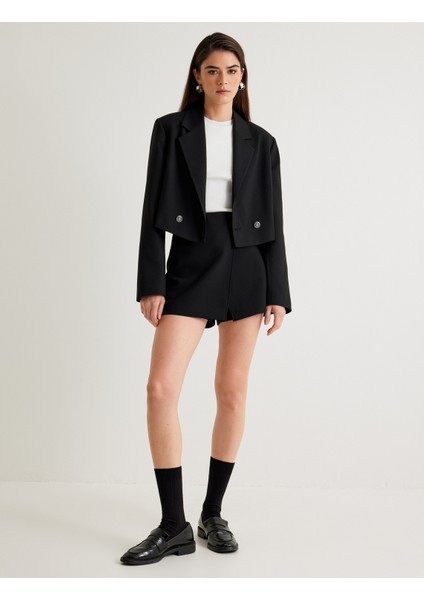 Kruvaze Crop Blazer Ceket Ters Yaka