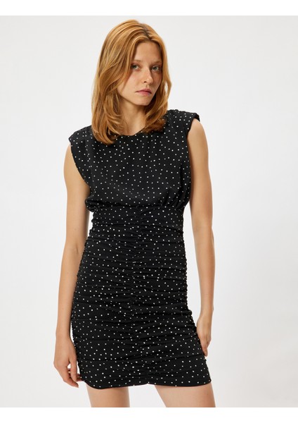 Mini Puantiyeli Elbise Kolsuz Drapeli Bisiklet Yaka Slim Fit