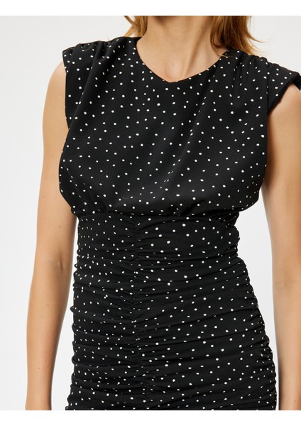 Mini Puantiyeli Elbise Kolsuz Drapeli Bisiklet Yaka Slim Fit indirimleri