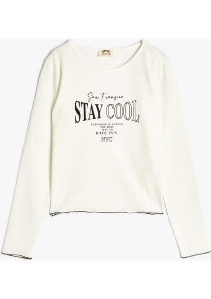 T-Shirt Slogan Baskılı Uzun Kollu Bisiklet Yaka Ribanalı Pamuklu